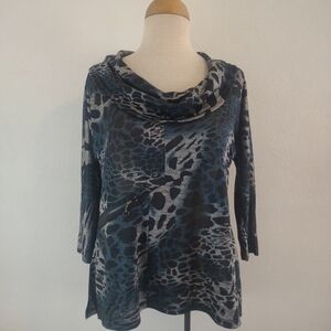 Clotheshead Semi Sheer 3/4 Sheeve Multi Color Leopard Print Cowl Neck Top SZ S